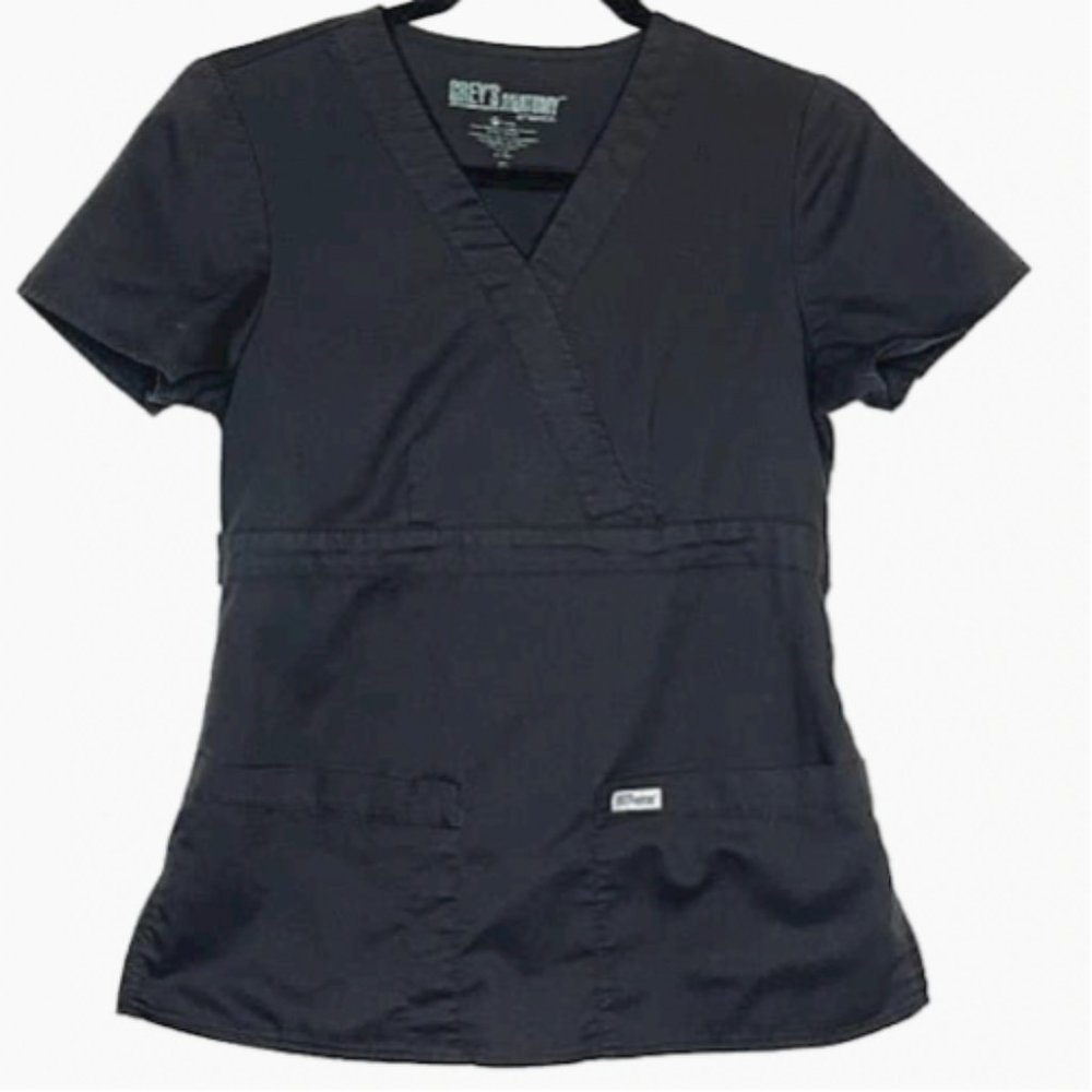 Grey's Anatomy 3-Pocket  Mock Wrap Black Scrub XS